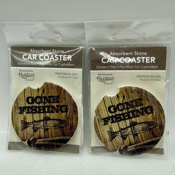 Highland Home‎ Absorbent Stone Car Coasters Gone Fishing Lot of 2