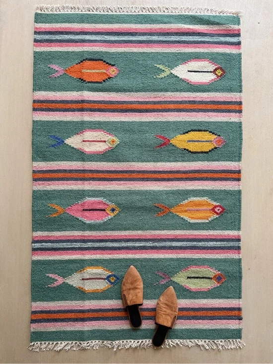 Handwoven Fish Motif Rug - Green with Multicolor Accents