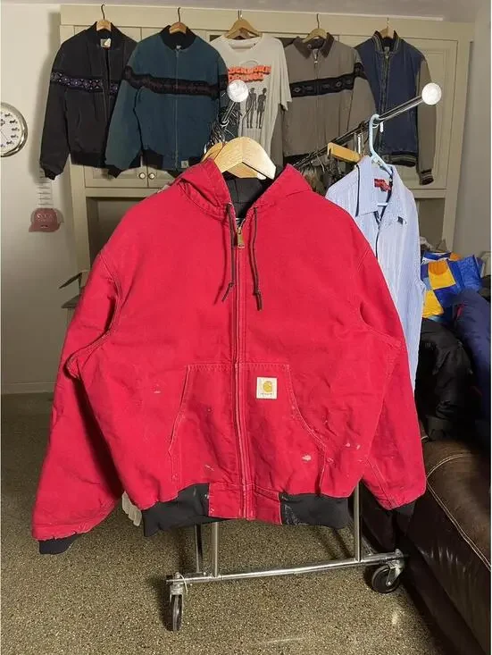 Vintage 1990s Cherry Red Carhartt Hooded Duck Canvas Jacket Large