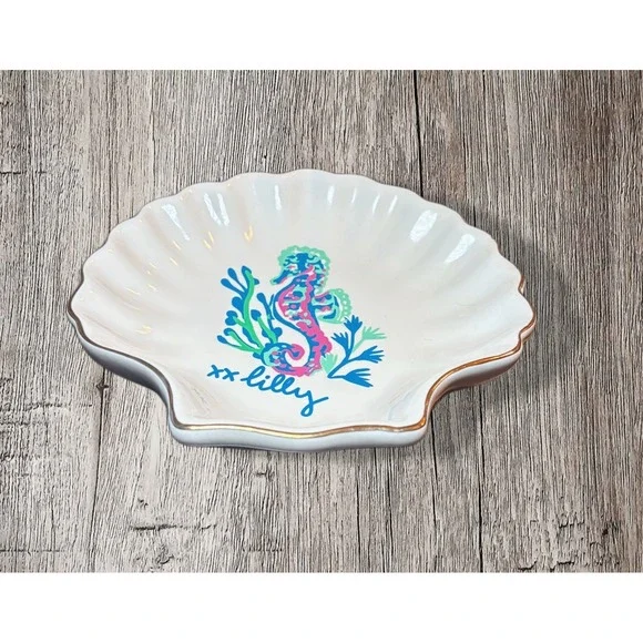 Lilly Pulitzer Ceramic Sea Shell Seahorse Trinket Dish Ocean Themed