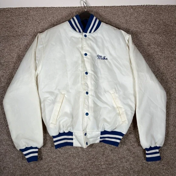 Vintage Rennoc White Blue Embroidered‎ Truck Varsity Jacket Mike Snap Front M