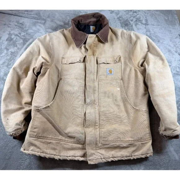 Vtg Carhartt CQ186 Tan Canvas Work Jacket Distressed Faded Duck Coat XL