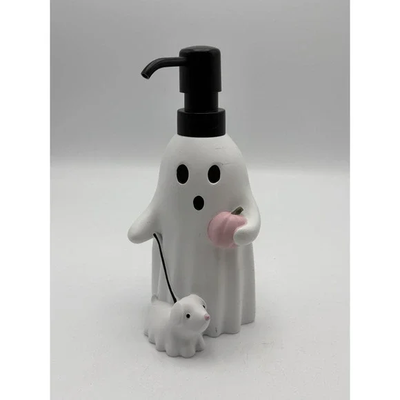 Ghost Walking Dog Holding Pink Pumpkin Soap Dispenser Halloween Decor - READ