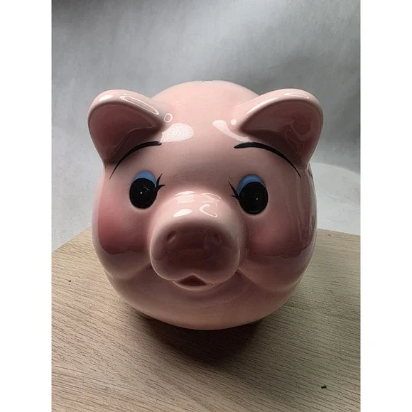 Vintage Mid Century Pottery Blush Pink Fat Belly Curly Tail Pig Piggy Bank
