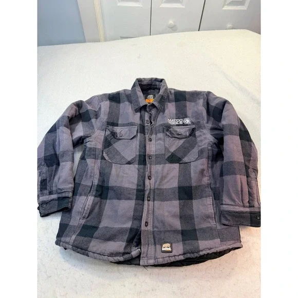 Berne Matco Tools Quilted Lined Flannel Shirt Jacket Grey Black Plaid Mens L