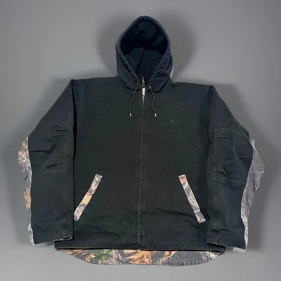 Rocky Mens Black Camo Canvas Sherpa Fleece Hunting Workwear Full Zip Jacket L