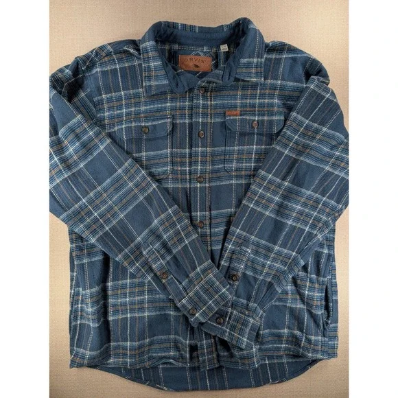 Orvis Mens Blue Plaid Flannel Shirt Jacket Fleece Lined Collar XL Cotton Shacket