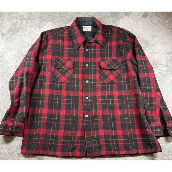 Vtg JC Penney Wool Shirt Jacket Mens XL Red Black Plaid Workwear USA