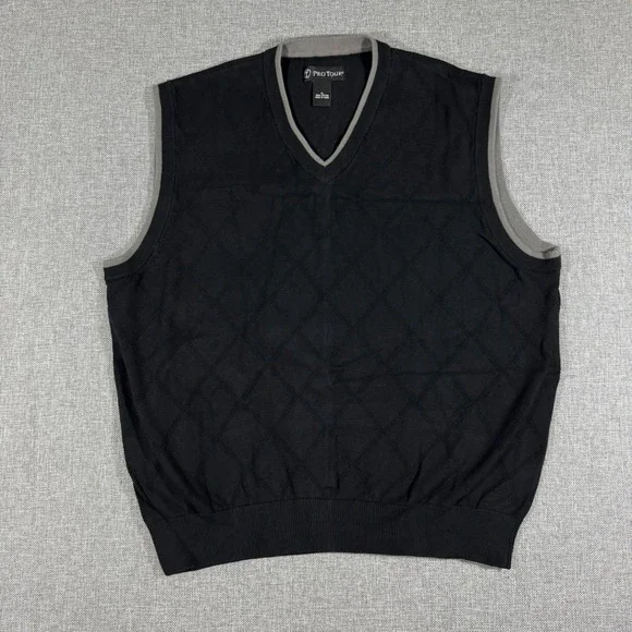 Pro Tour Sweater Vest Mens XL Black Gray Cotton Argyle Golf Preppy Grandpa Core