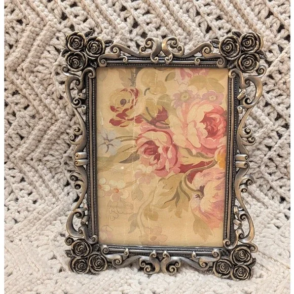Vintage Victorian Style Ornate Rose Pewter Metal 5x7 Picture Frame Scrollwork