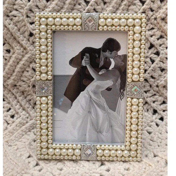 Pearl Rhinestone Picture Frame Silver Faux Pearl Wedding Decor Ornate Vintage