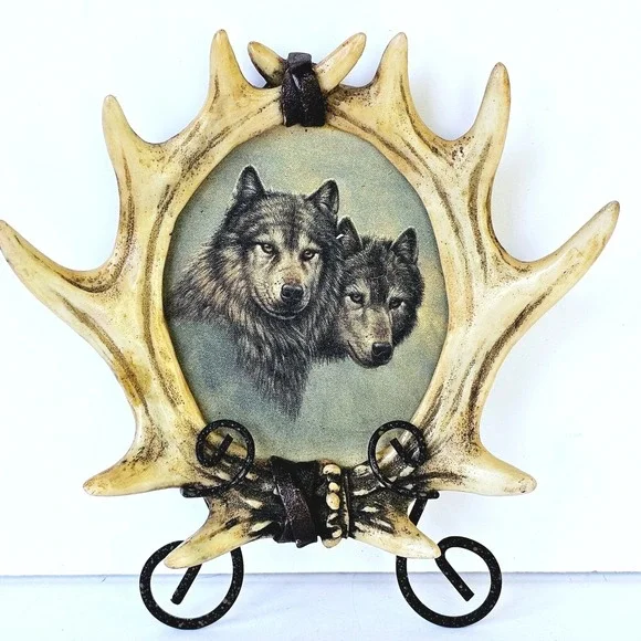 Rustic Western Wolf Antler Horn Photo Picture Frame Resin Leather Accents M537.1