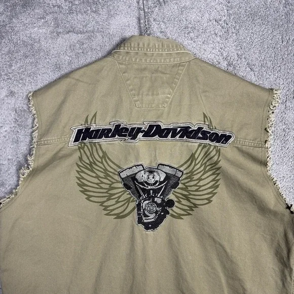 Harley Davidson Vest Men XL Green No Cages Patches Embroidered Cut Off Riding