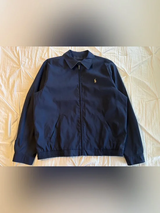 Polo Ralph Lauren Harrington Bomber Jacket Navy Blue Large Plaid Lining Pony