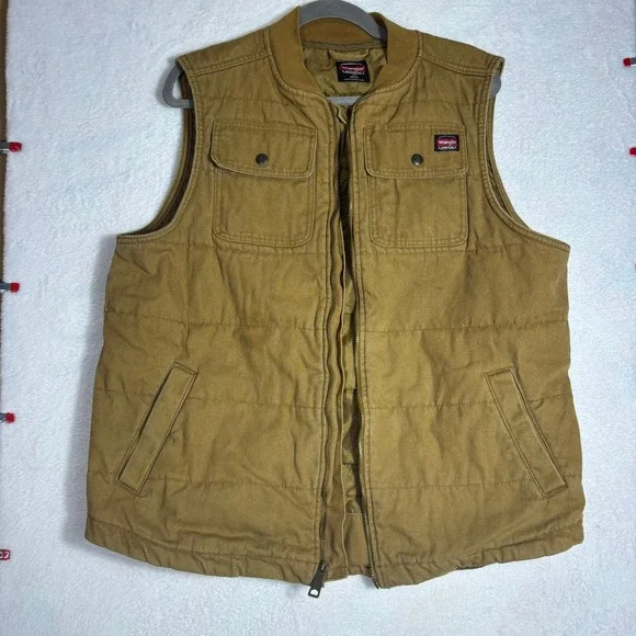 Wrangler Workwear Quilted Vest Men Large Brown Good Canvas Duck Zip Up 0043