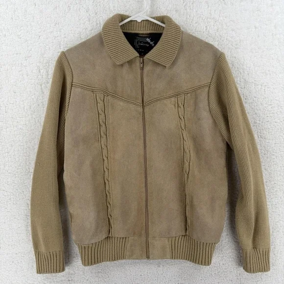 Vintage Dude‎ By Cambridge Jacket Mens Medium Beige Suede Knit Bomber Full Zip