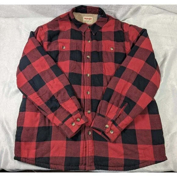 Wrangler Authentics Men’s L Red Black Buffalo Plaid Sherpa Lined Shirt Jacket