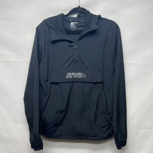 Pull&Bear Men's Black Windbraker Size XS Hooded 1/4 Zip Long Sleeves
