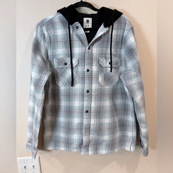 🔥Element Skateboarding Men's Hooded Plaid Button-Up Shirt Jacket Size L EC🔥
