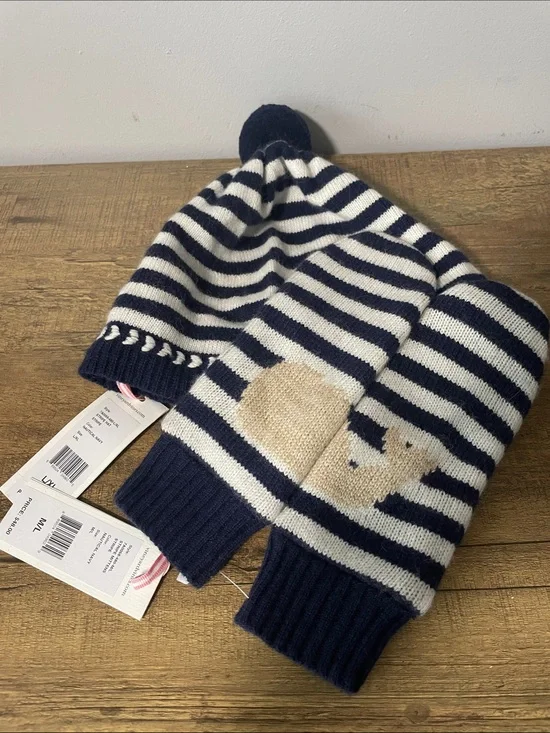 Vineyard  VinesNavy & White Striped Pom Beanie and Mittens Set