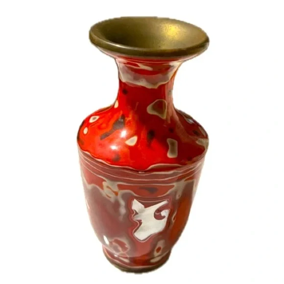 RARE RED WHITE SWIRLS CANTON ENAMEL WITH MOTHER OF PEARL INLAY VASE