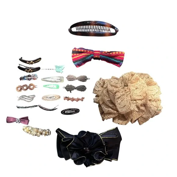 Vintage Hair Accessory Lot Scrunchie Banana Clip Bow Barrettes Bobby Pins 18pc