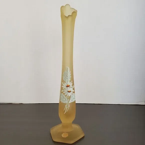 Westmoreland Vintage Yellow Mist Satin Glass Hand Painted Daisy Bud Vase 10.5