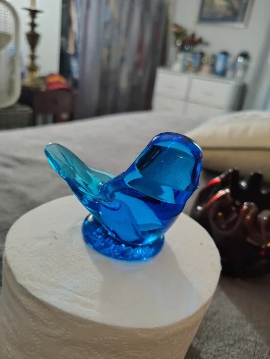 Signed 1993 Blue Glass  Bird Figurine - Bluebird Of Happiness By Leo Ward