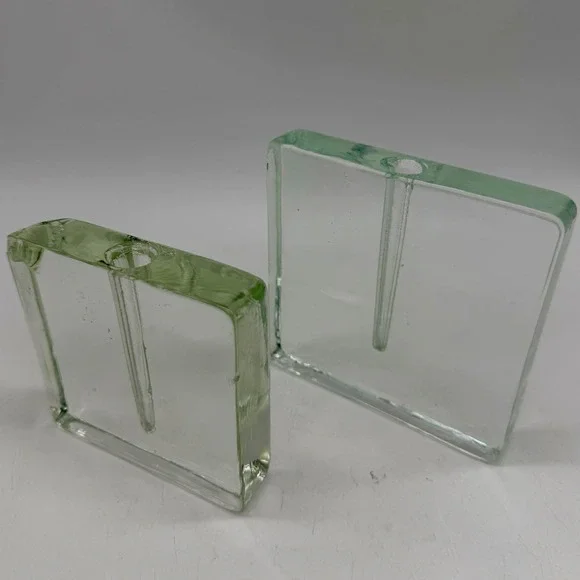 Set of 2 Square Glass Block Bud Vases Minimalist Green Tint Chipped Good