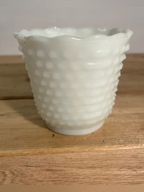 Vintage Fire King Milk Glass Hobnail & Bars Planter Vase Oven Ware 4.5” USA.