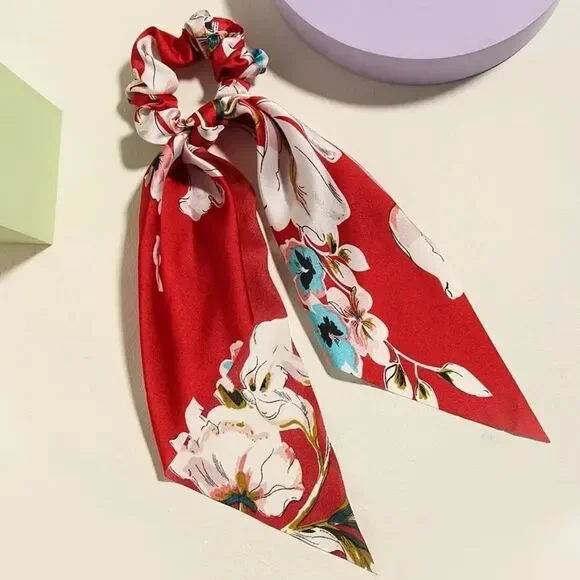 Red Floral Scarf Scrunchie K59