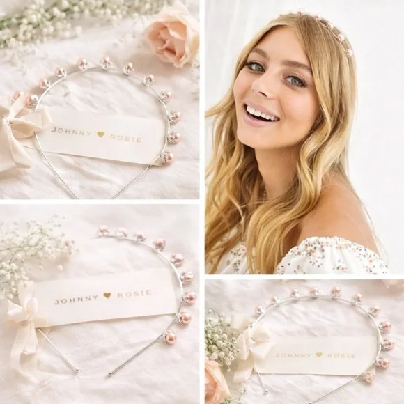 Johnny Loves Rosie Silver Pink Pearl Embellished Headband Wedding Prom Coquette