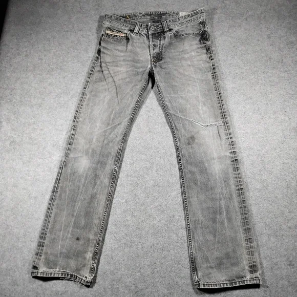 Diesel Viker 0881V Men 32x32 Gray Straight Distressed Low Rise Button Fly Jeans