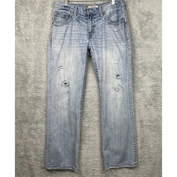 BKE Derek Jeans Mens 32L Blue Straight Leg Distressed Denim Western Cowboy Ranch
