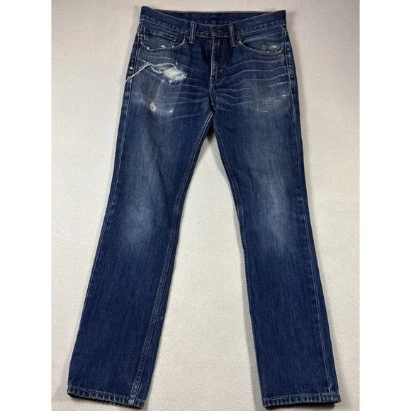 Levis 511 Jeans Mens 31x32 Blue Denim Low Rise Slim Distressed Whiskering Thrash