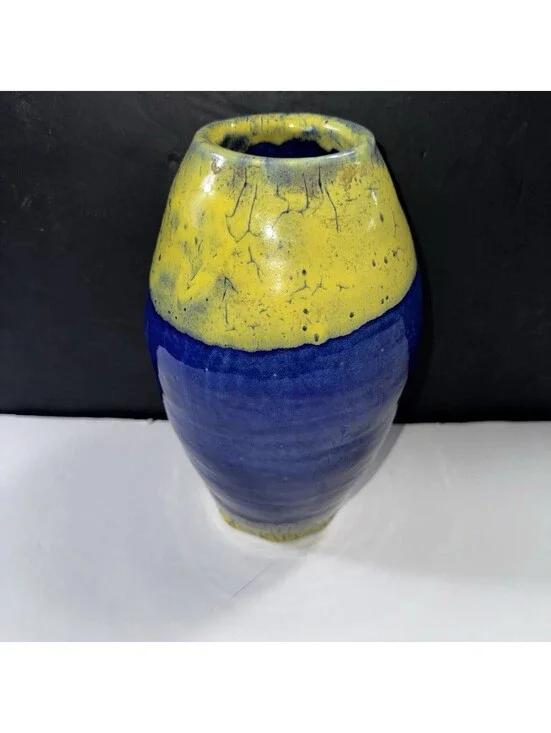 Lizzy Adams Signed Studio Pottery Vase Planter Blue Yellow Drip Glaze 10”