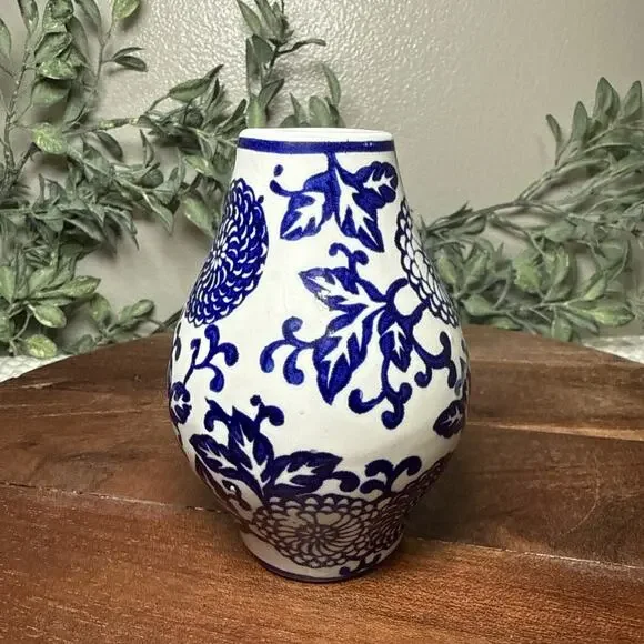 Blue White Chinoiserie Stoneware Bud Vase Floral Ginger Jar Style 4” Ceramic Vtg