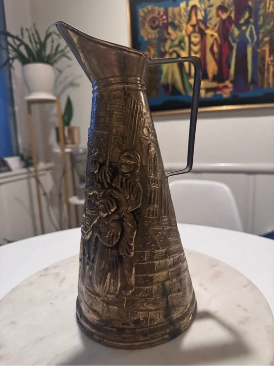 Brass-Tone Embossed Decorative Pitcher