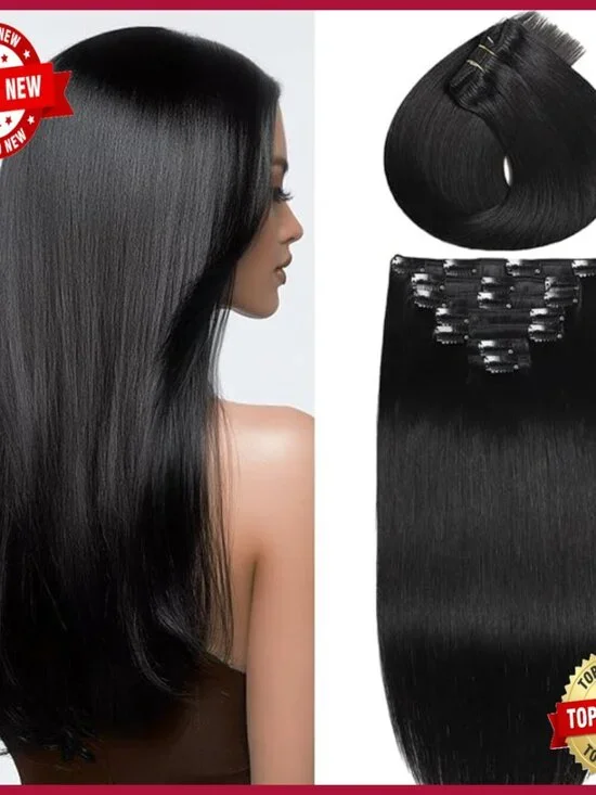 22'' Straight Clip-In Human Hair Extensions, Invisible Seamless Weft