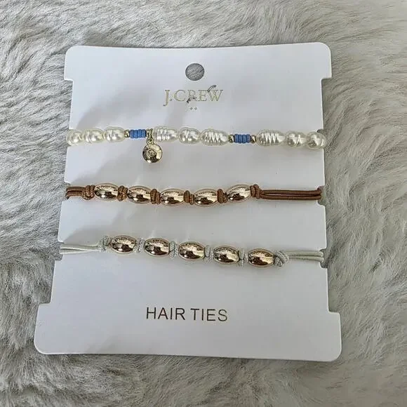 J. Crew Pearl and Metallic Beaded Hair Ties 3-Pack Gold Brass Scrunchies NWT