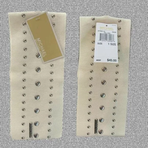 Michael Kors Logo Cream Silver Metallic Dome Studs Acrylic Sweater Headband