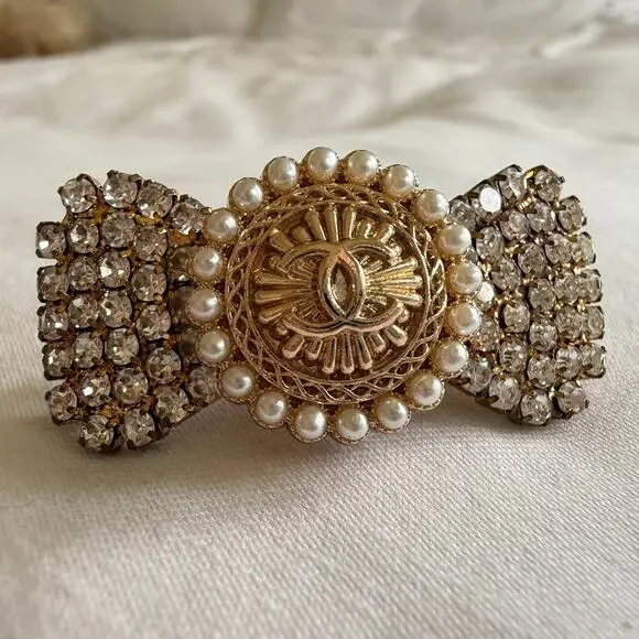 Repurposed Chanel Button Crystal Bow Barrette Faux Pearls & Rhinestones in Gold