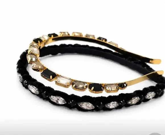 Anthropologie Stone Headband Set Black & Gold New