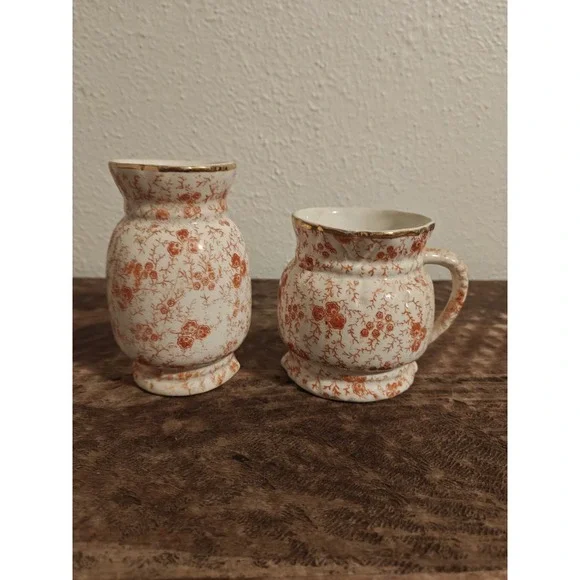Antique Russian Chinoiserie‎ Vase And Small Pitcher Orange and Cream Rare