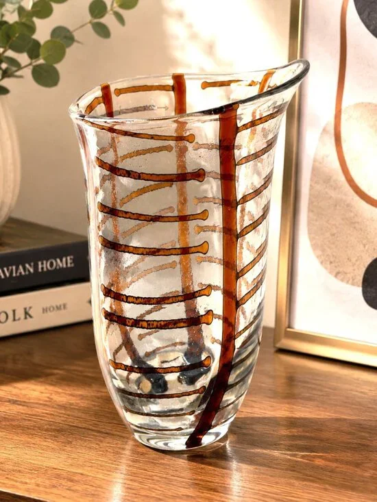 Vintage Hand Blown Studio Art Glass Vase Amber Brown Ribbon Swirl 9.5
