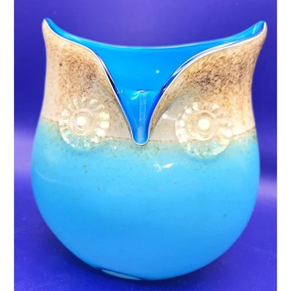 Blenko Style Vase‎ Owl. Vintage Hand Blown. Aqua, Turquoise, and Tan.(#4)