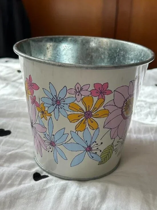 Ikea Discontinued Foresommar Floral and White Metal Plant Pot