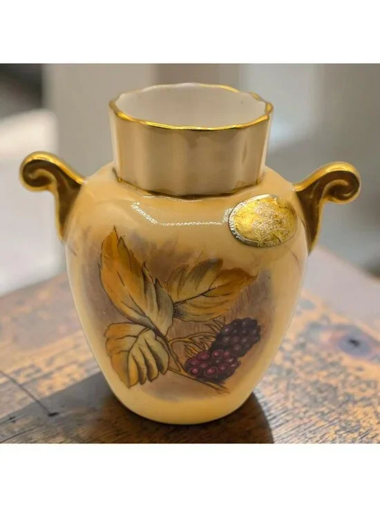 Aynsley Orchard Gold Bone China Hand-Painted Mini Vase Gold Handles Fruit Design