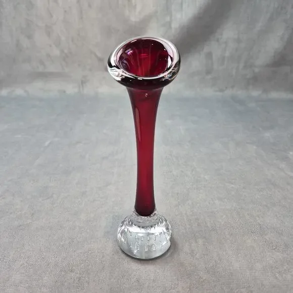Vintage Aseda Sweden Jack In Pulpit Red Art Glass Bud Vase Controlled Bubbles