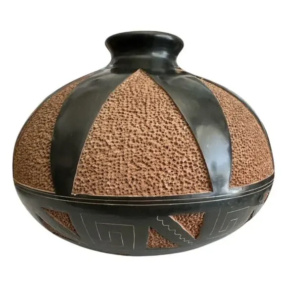 Vintage Hand Carved South American Brown Tan Pottery Vase